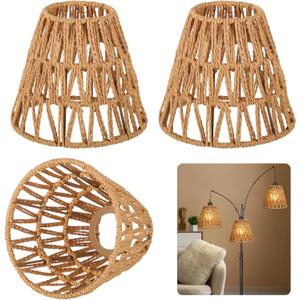 3 PCS E27 Rattan Lamp Shade,Bell Woven Wicker Lampshades Replacement,Paper Rope & Metal Frame,Bohemian Style Light Shade Replacement for Table Lamps,Pendant Lights,Wall Lights