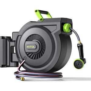 Retractable Garden Hose Reel, 5/8 Inch x 82 ft + 6 ft Wall Mounted Water Hose Reel with Auto Slow Rewind System, 10-Pattern Nozzle, Any Length Lock, 180 Swivel Bracket, Ideal for Easy Watering