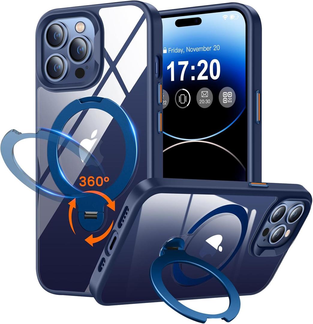 360 Rotatable Magnetic Stand for iPhone 14 pro Case Compatible with Mag-Safe 16FT Military Drop Protection, Anti-Scratch/Fingerprint Shockproof iPhone 14 pro Phone Case(Clear-Blue)