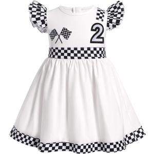 IBTOM CASTLE Baby Girl 1st 2nd Birthday Outfit Race Car Birthday Cake Smash Photoshoot Racer Dress Suit (White)