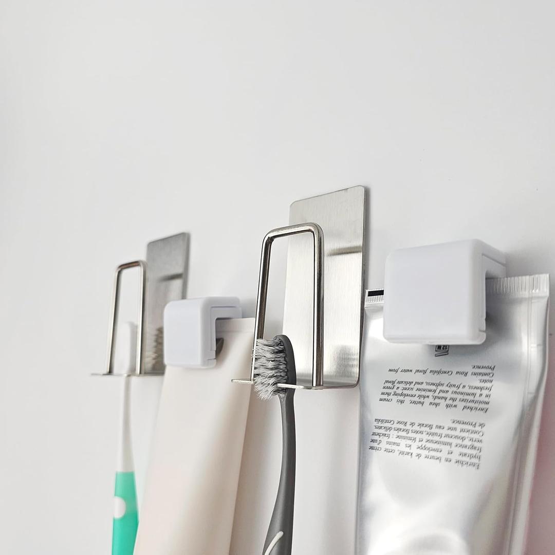 2 PCS Toothbrush Toothpaste Holder, Stainless Steel Toothbrush Holder Wall Mounted Adhesive Wall for Bathroom