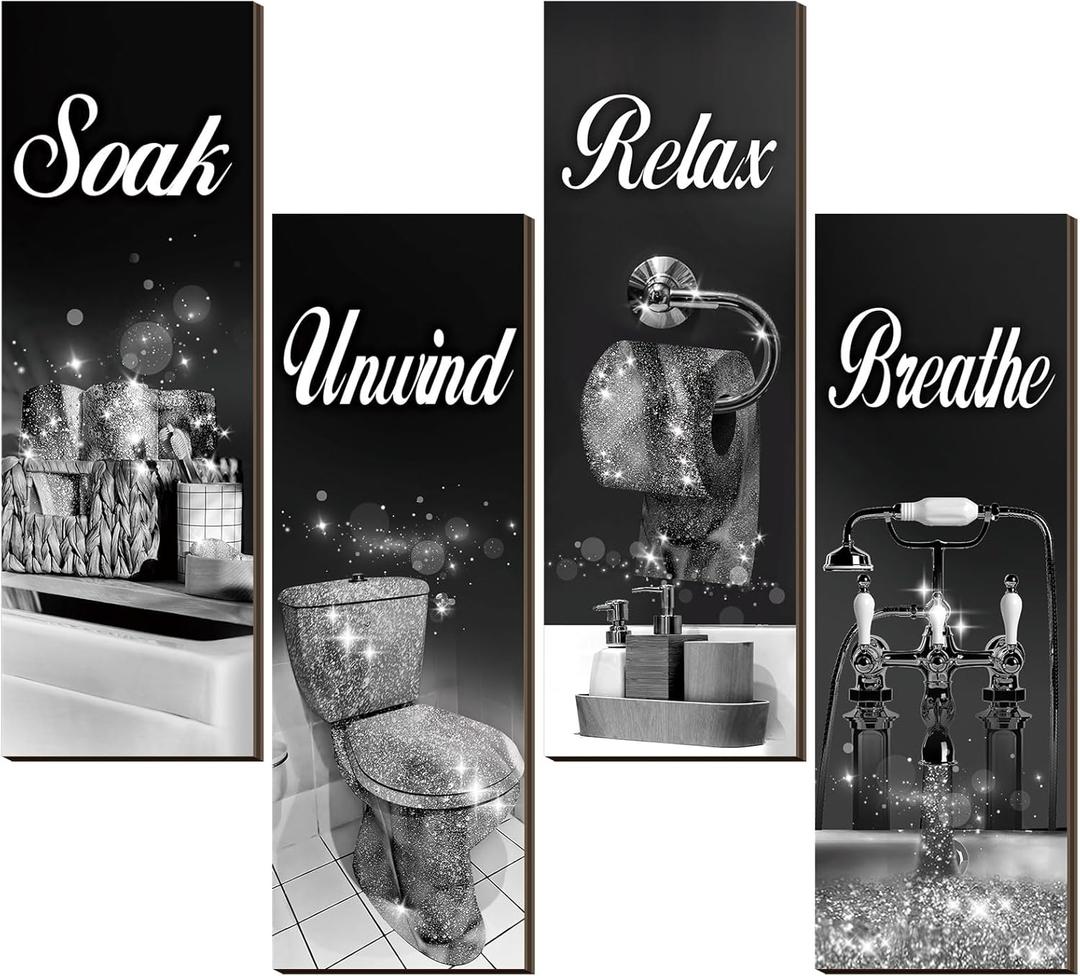 Honoson 4 Pcs Bathroom Decor Wall Art Farmhouse Bathroom Pictures Wall Decor Soak Unwind Relax Breathe Wood Hanging Sign for Home Spa Laundry(Black Glitter,11.8 x 3.9 Inch)