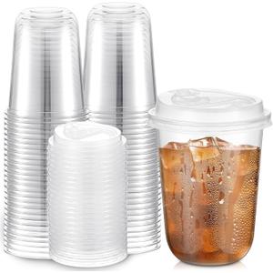 Baderke 50 Sets 16oz Disposable Crystal Clear Plastic Cups With Lids, Round Bottom Iced Coffee Cups With Lid for Smoothie, Cold Beverages, Drinking Tumblers, Cold Drinks for Party, Wedding, Event