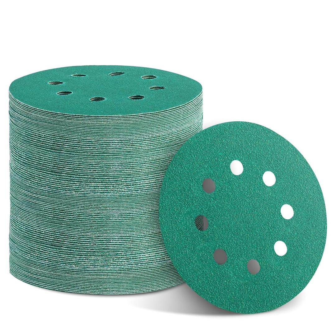 YEHBS 100PCS 60 Grit Premium Green Sanding Discs, 5-Inch 8-Hole Sandpaper for Random Orbital Sander