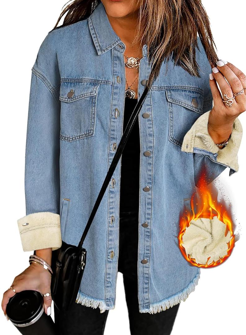 Oversized Denim Jacket Women 2024 Side Pockets Winter Long Sleeves Fleece Lined Denim Shirt Womens Jean Jacket (Medium, A_light Blue)