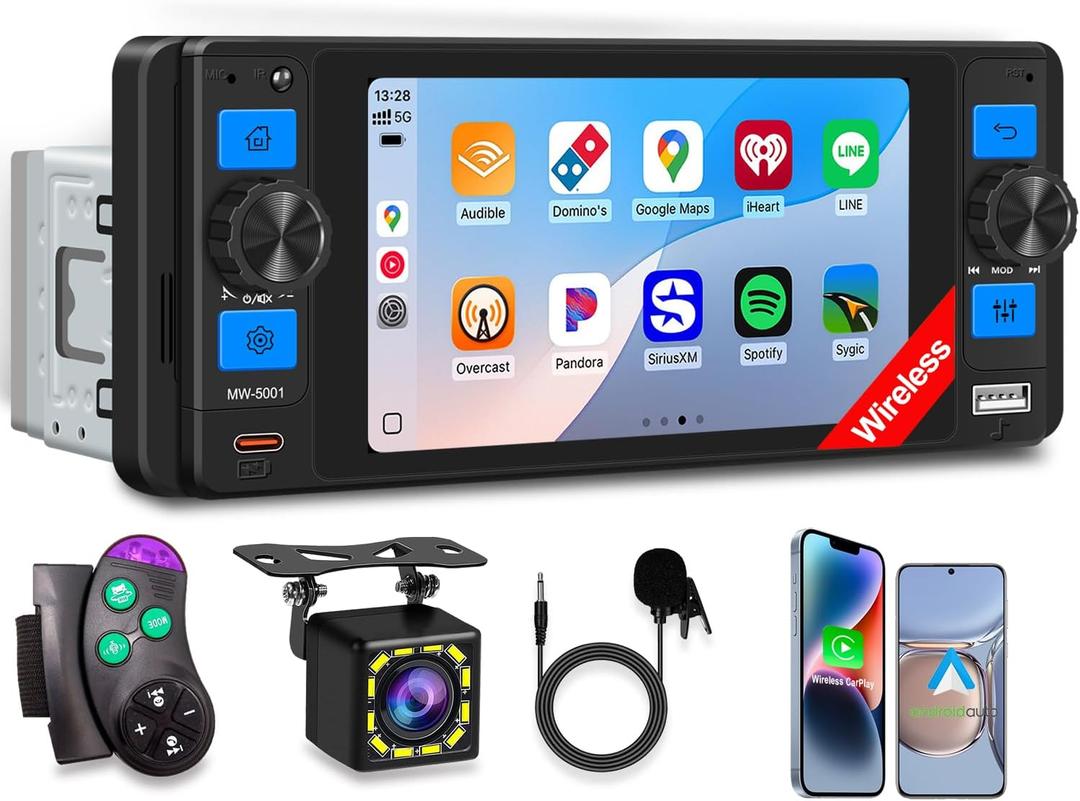 Single Din Car Stereo with Wireless Apple CarPlay, Car Radio with 5" IPS Touchscreen, Car Bluetooth 5.2, Android Auto, Car Backup Camera, GPS, USB & Type-C, FM/AM/RDS, Car Play Stereo for Truck Mp5