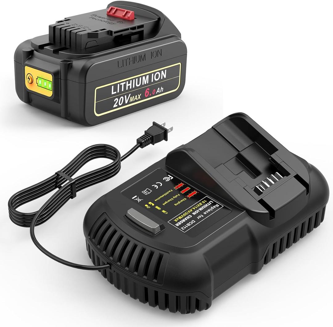 20V 6Ah Battery & Charger Combo - Replacement for Dewalt DCB206/DCB204, Compatible with 20V/12V Tools (DCD/DCF/DCG/DCS Series)