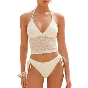ZAFUL Women's Tankini Sets Halter String Tie Side Thong V Neck Bathing Suit Bowknot Lace Textured 2 Piece Swimsuit, M