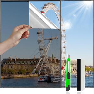 One Way Privacy Window Film,Window Tint for Home Office,Daytime Window Film See Out Not in,Static Cling Reflective Heat Control Sun Blocking Window Privacy Film (17.5X118.1 Inch, Silver)