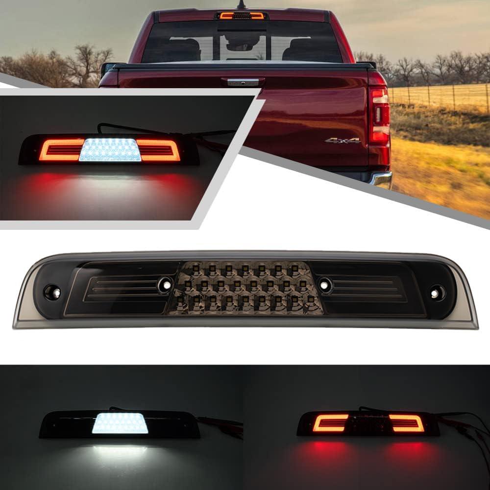 Red LED Third Brake Light for Dodge Ram 1500 2019 2020 2021 2022 2023 2024 3rd Red Brake Lights Rear Center High Mount Stop Lamp White Roof Cargo Lights Smoked Lens(Not for Classic Models)