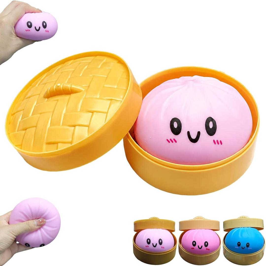 Dumpling Squishy Toy, Dumpling Squishy Mystery Box, Colorful Dumplings Stress Balls Fidget Sensory Toy, Squeeze Dough Ball Stress Relief Hand Toys with Food Steamer Stretchy Desk Toys(Purplish Pink) (9.5cm-pinkish Purple)