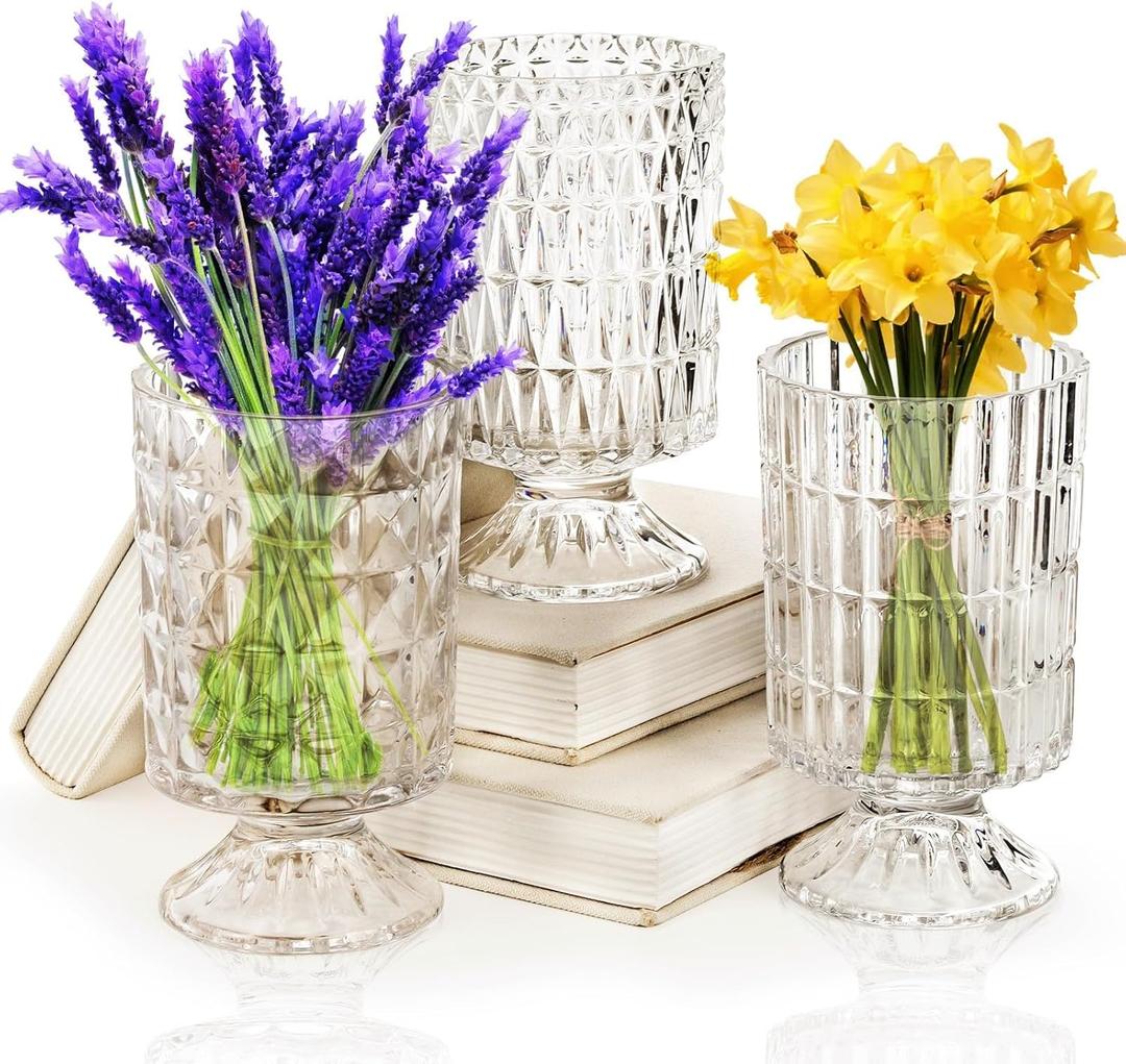 Goaste 3 Pack Embossed Big Base Vase, 7" Crystal Glass Vase, Hydroponic Green Plant Vases, Transparent Flower Vases with Ribbed Pattern for Wedding, Dining Table Centerpieces, Home Decor, Office