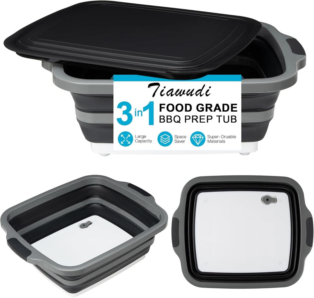 Tiawudi Large Collapsible BBQ Prep Tub with Lid(4.22 Gal/16L), Foldable Camping Sink with Colander, Cutting Board, Dish Basin for Kitchen, Bowl, Vegetable and Fruit, Storage Basket for Picnic, 20"L x 16.3"W
