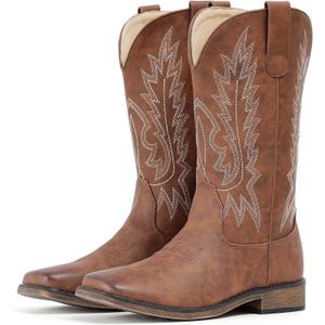 IUV Cowboy Boots For Women Square Toe Wide Western Boots Mid Calf Cowgirl Boots Pull On Embroidered Brown Cowboy Boots (8.5)