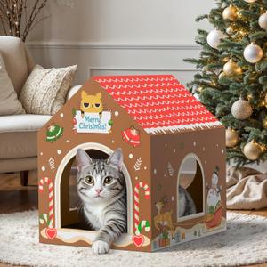 WESTERN HOME Christmas Cardboard Cat House W/Scratcher, Gingerbread Man Indoor Cat House for Christmas Decorations, Hideway Playhouse for Kitten&Small Animal (Brown, 16.5" x 12.5" x 15.5")