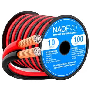 NAOEVO 10 Gauge Wire 100FT, 2 Conductors Electrical Wire Red Black Cable, Flexible/Low Voltage/PVC 10 AWG Copper Clad Aluminum Extension Cord for Speaker, LED Strips, Automotive 12V/24V DC