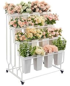 Flower Display Stand Frame, 4 -Tier Flower Cart with Wheels, Metal Floral Display Rack, Moving Florist Bouquet Shelf for Shop, Flower Bar, Events (White - 4 Tier)