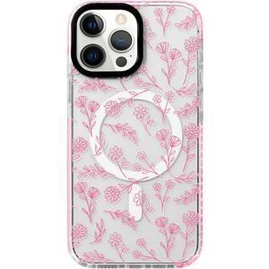 NITITOP Compatible with iPhone 15 Pro Max Magnetic Case [Compatible with Magsafe] Cute Clear for Women Girls Flower Floral Ultra Slim with Bumper Soft TPU Anti-Yellow Protective Cover - Clear Pink