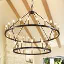 WJShome 36-Lights 2 Tier Wagon Wheel Chandelier, 47 Inch Large Chandeliers for High Ceilings, Farmhouse Dining Room Light Fixture, Black and Gold Round Chandeliers, for Foyer Staircase Entryway