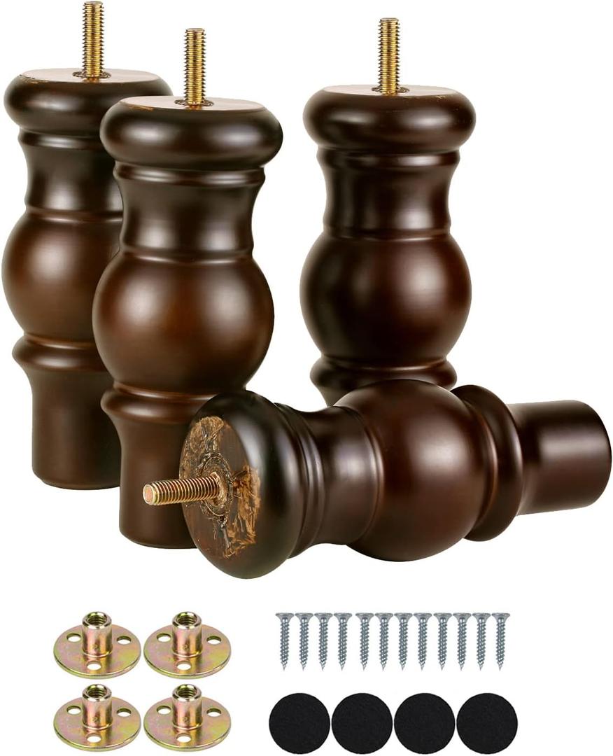 Maricome 6 Inch Wood Legs Predrilled M8 Bolt Turned Round Bun Feet Wooden Furniture Legs Set of 4