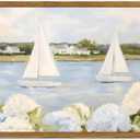 Framed Vintage Hydrangea Floral Wall Art, Blue Coastal Sailboat Pictures Wall Decor, Summer Nautical Landscape Paintings Canvas Prints Artwork for Home Living Room Bedroom 16x24 inch