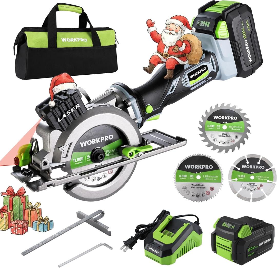 WORKPRO 20V Cordless Mini Circular Saw, 4-1/2" Compact Wireless Circular Saw 4.0Ah Battery, Fast Charger, 3 Blades, 4500RPM, Laser Guide, Max Cutting Depth 1-11/16"(90), 1-1/8"(45)