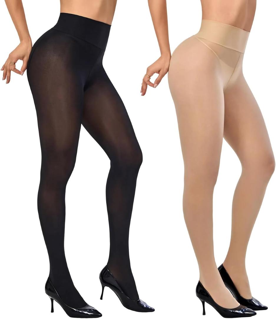 2 Pairs Indestructible Tights for Women20D Shiny Pantyhose High Waist Plus Size Tights Ultra-Soft (Small-Large, 1 Pair Black, 1 Pair Nude)
