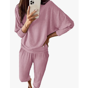 PRETTYGARDEN Women's Spring Fall Fashion Outfits 2 Piece Sweatsuit Long Sleeve Pullover Long Pants Ribbed Matching Lounge Set Large