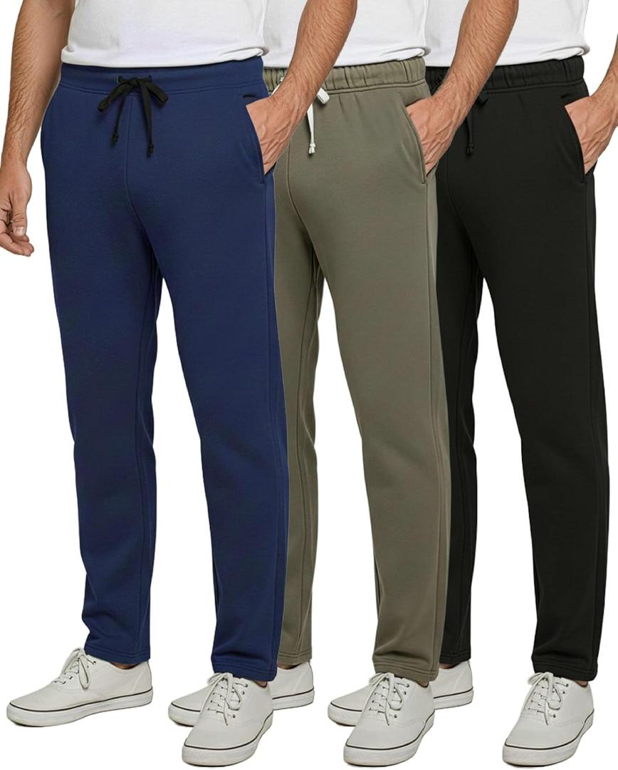 Real Essentials 3 Pack: Men's Tech Fleece Athletic Casual Open Bottom Sweatpants with Pockets, 
Set 3, S