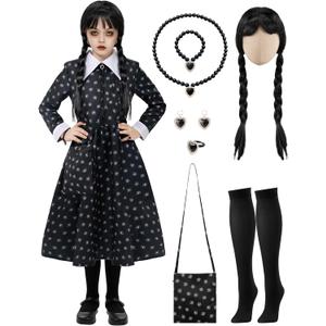 Spooktacular Creations Girls Halloween Black Costume, Black Floral Print Dress with Wig and Stocks for Kids Halloween Dress (Large(10-12 yrs)