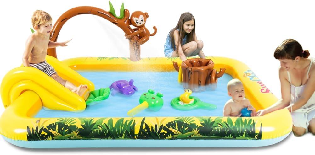 Inflatable Play Center, Inflatable Swimming Pool with Slide, Cartoon Animals Sprinker Toy with Base Pool, Monkey, Tree Stump for Garden Backyard