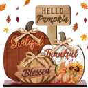 Leinuosen Hello Pumpkin Fall Decor Blessed Grateful Thankful Thanksgiving Decor Farmhouse Pumpkin Table Centerpieces Standing Wooden Block Sign for Home Kitchen Decorations(Brown,White,Orange,Cute)