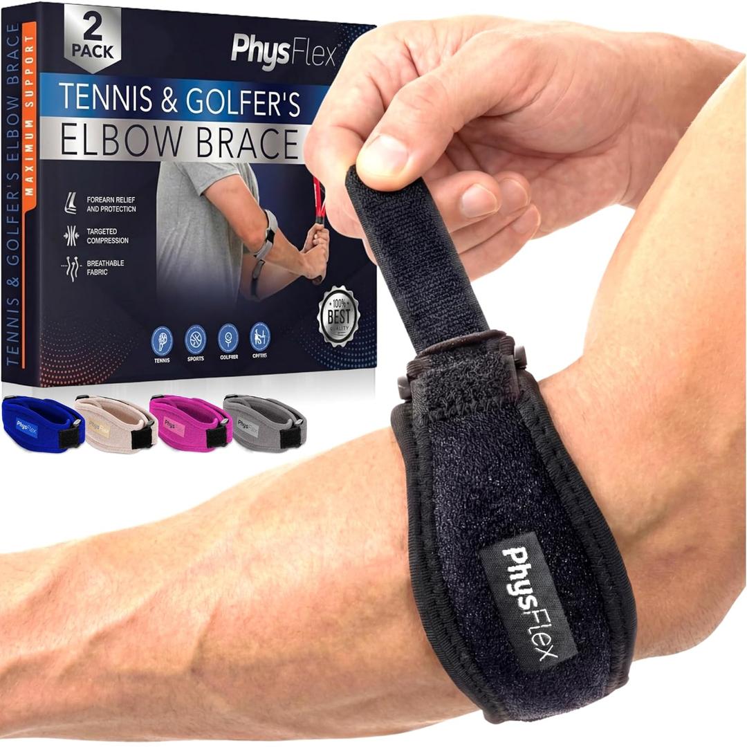 PhysFlex 2-Pack Elbow Brace for Men & Women, Adjustable Tennis & Golfer's Elbow Support Strap for Tendonitis Pain Relief - Compression Pad for Arm, Forearm, Tendon Pain Relief