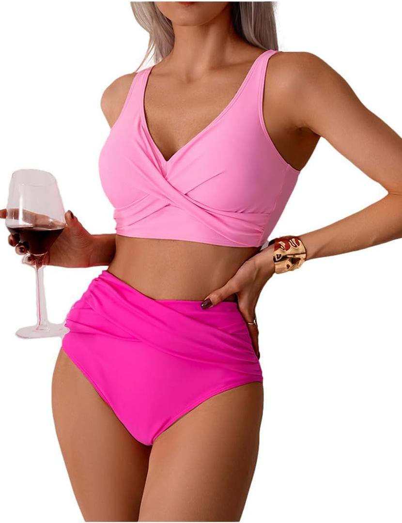 Ruched Swimsuit Criss Cross Bikini Set Womens 2 Piece High Waisted Bathing Suit Tummy Control Adjustable Wide Straps (Large, Rose) Ruched Swimsuit Criss Cross Bikini Set Womens 2 Piece High Waisted Bathing Suit Tummy Control Adjustable Wide Straps (Large, Rose)