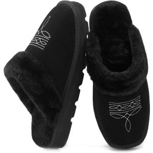 YOLIS Western Cowboy Boot Slippers, Fuzzy House Slippers for Women Memory Foam, Square Toe Cowgirl Slippers Suede Leather for Bedroom Indoor Outdoor