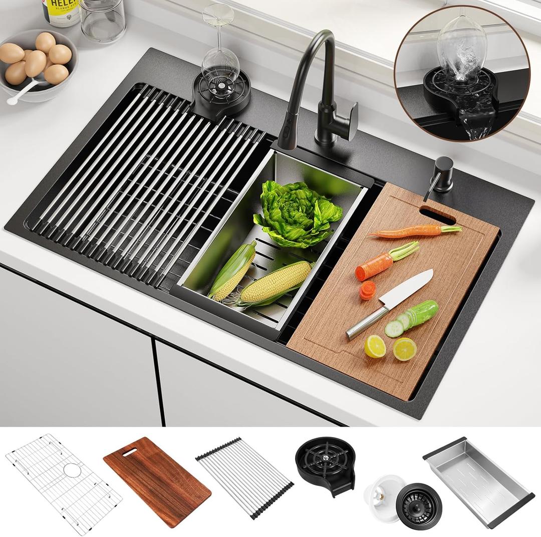 33x22 Inch Kitchen Sink Black Drop In Stainless Steel Kitchen Sinks 16 Gauge Single Bowl Workstation Luxury Top Mount Sink with 6 Accessories Include Glass Rinser (Black)