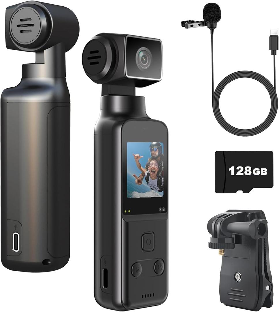 4K Body Camera with External Microphone, Mini Video & Audio Pocket Cam 270 Rotation Camera for Outdoor Sport, Bike, Travel, Police Law Enforcement, Personal Civilians, 128GB Included