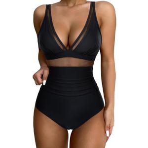 SUUKSESS Women Slimming Tummy Control One Piece Swimsuits Sexy Mesh High Waisted Monokini Bathing Suits (Black, XL)