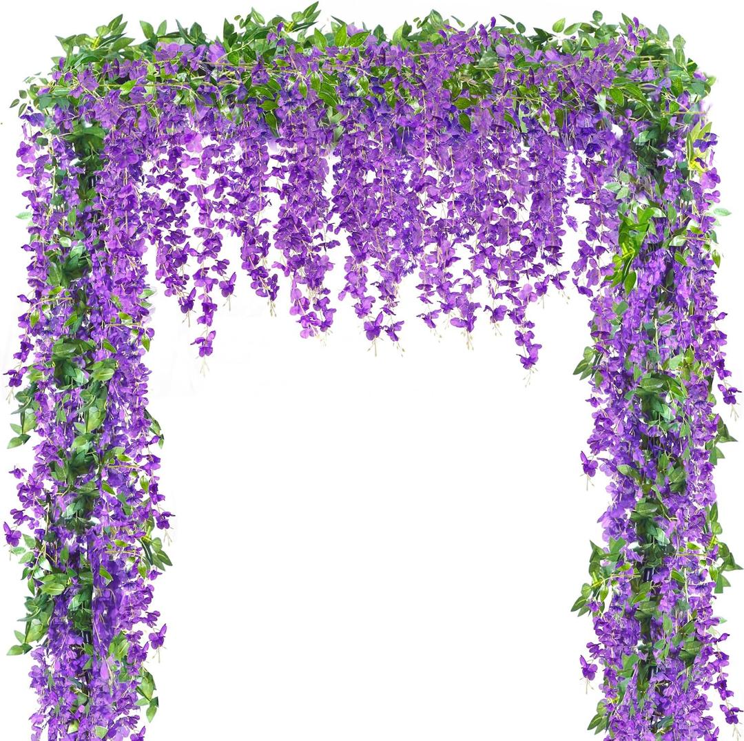 Sggvecsy 6Pcs Wisteria Garland Artificial Flowers Garland Fake Hanging Wisteria Vines Rattan Silk Hanging Flower Vines for Home Garden Outdoor Wedding Arch Party Ceremony Total 35.4Ft (Purple), 6.2FT