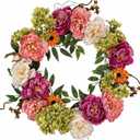 24in Peony Wreaths for Front Door, Large Spring Summer Floral Door Wreath with Hydrangea, All Year Round Colorful Flower Wreath for Farmhouse Wall Welcome Indoor Outdoor Decor (Twig Base)