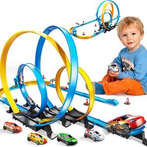 Toy Car Race Track Set for Boys Kids Age 3-5 4-7, Race Tracks with 4 High-Speed Pull Back Race Cars and Crash Zones, Christmas Halloween Birthdays Gifts Toys for Boys Kids 4-6 8-12 Years Old