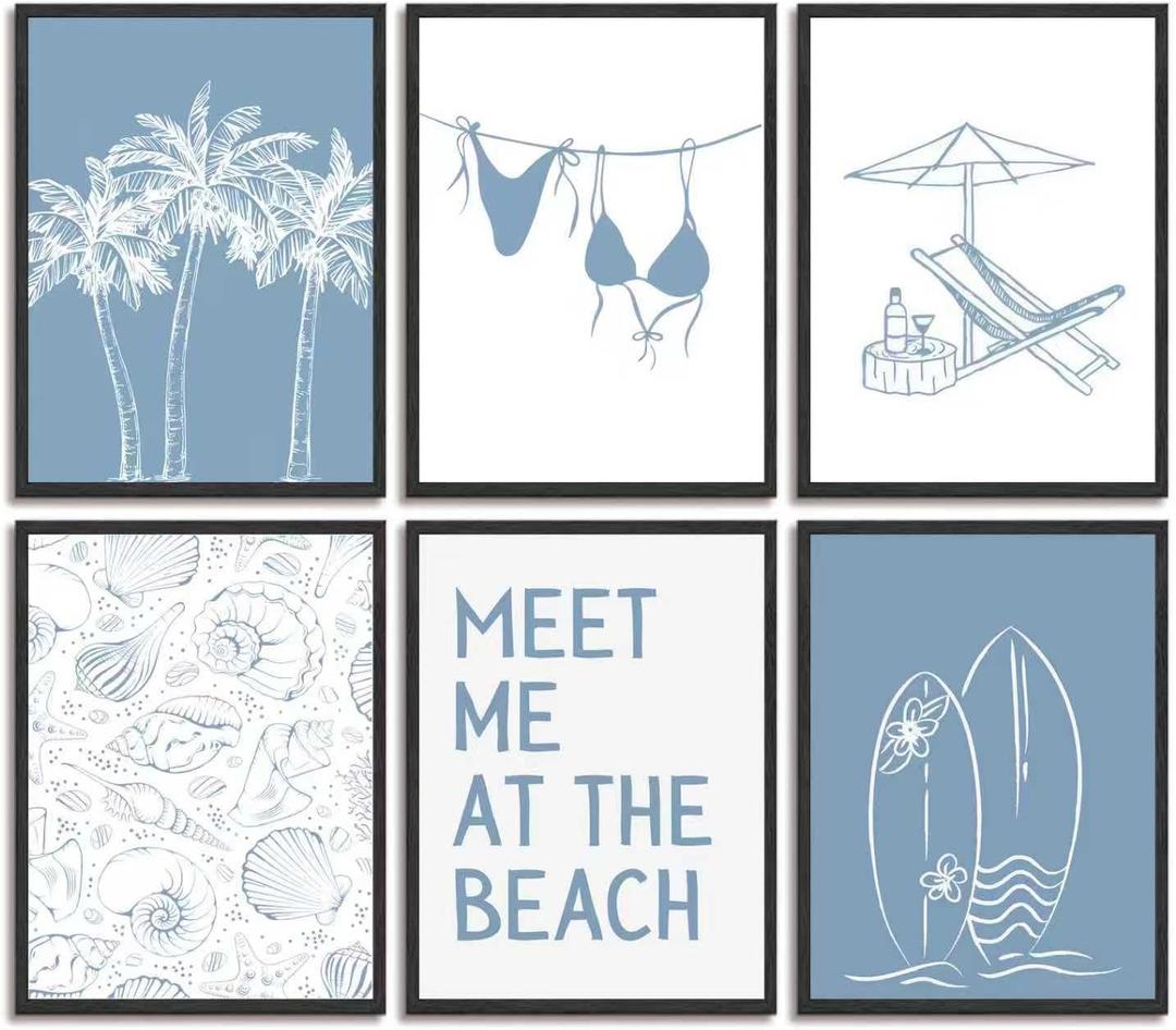 6pcs Blue Coastal Granddaughter Canvas Wall Art Trendy Bikini Shells Poster Prints Paintings Summer Beach Surfing Wall Decor Pictures for Living Room Bedroom Bathroom Dorm Home Decoration Unframed