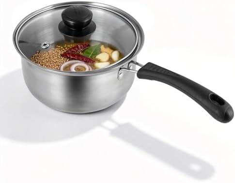 Tadka Pan with Lid, 1.5 Quart Small Sauce Pan with Lid, Stainless Steel Saucepan with Heat-Resistant Handle, Small Pot for Indian Tadka, Tempering and Dal, Perfect for Cooking and Flavoring Spices