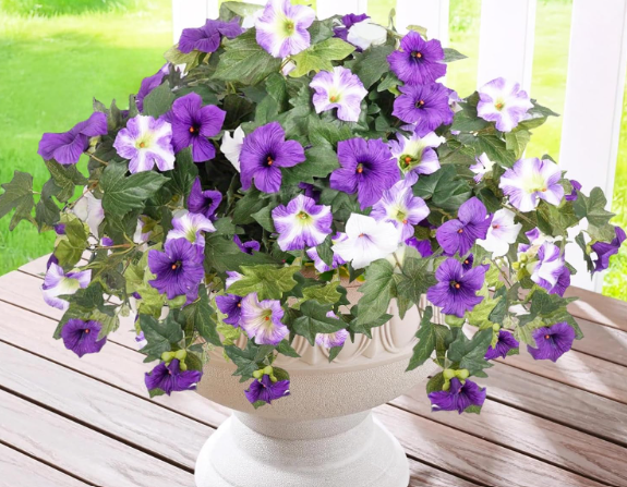 2PCS Artificial Fake Flowers Plants for Outdoors Decoration No Fade Faux Petunias UV Resistant Realistic Silk Flowers for Home Garden Balcony Yard Porch Deco (Purple White)