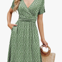 Naggoo Women's Summer Wrap V Neck Polka Dot Print Ruffle Short Sleeve Mini Floral Dress with Belt 2 XL, Green