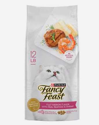 Fancy Feast Gourmet Filet Mignon Flavor with Real Seafood & Shrimp Dry Cat Food, 12-lb bag, BBD 03/2027