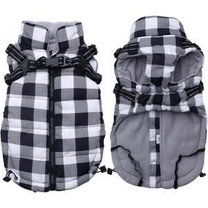 Dog Winter Jacket, Waterproof Dog Coat with Harness Built in, Puppy Vest Small Dog Clothes with Fleece Lining, Ideal for Outdoor and Indoor-Black/White-S