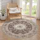 5ft Round Vintage Living Room Area Rug - 5x5 Large Soft Washable Oriental Traditional Distressed Farmhouse Rugs for Bedroom - Indoor Floor Accent Carpet for Home Office House Decor - Dark Brown