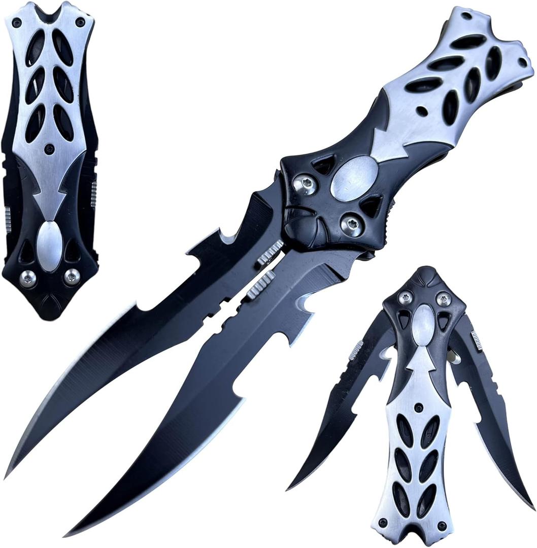 MADSABRE 8.5" Cool Double Blade Pocket Knife, Camping Folding Knife with Clip and Aluminum Handle, Hunting Survival EDC Hiking Tools, Gifts for Men (Black)