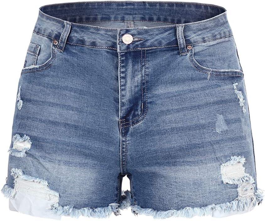 THUNDER STAR Women Mid Rise Ripped Stretchy Jeans Shorts Frayed Raw Hem Casual Denim Shorts (16, Light Blue)